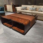 Luxury Rectangular Coffee Table Featuring Premium Wood Veneer with Central Leather Inlay Accent for Sophisticated Interiors